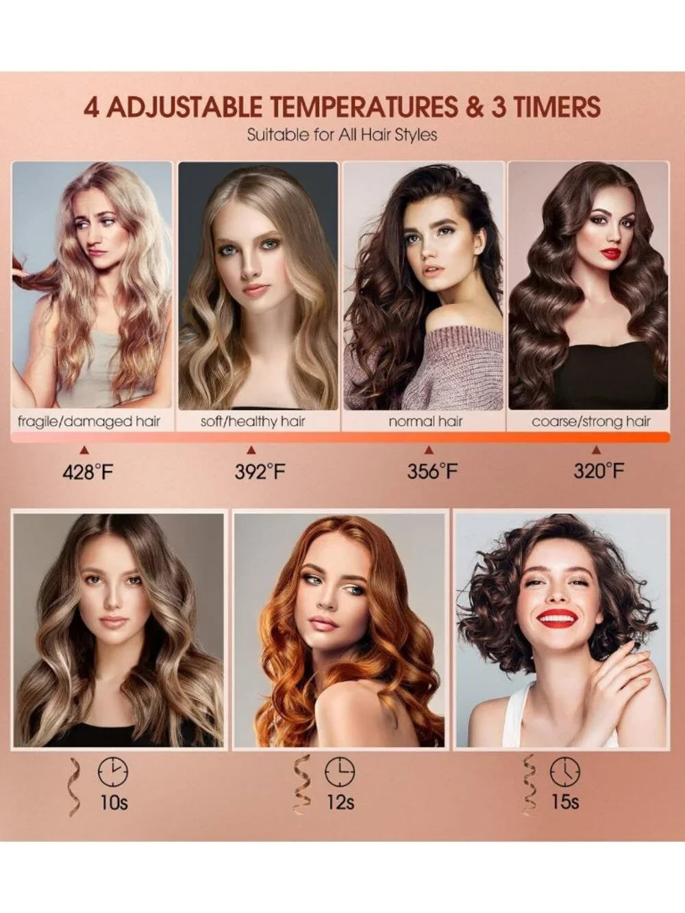 Automatic Curling Iron with 1'' Wand, 4 Temp Settings, Anti-Tangle & Auto